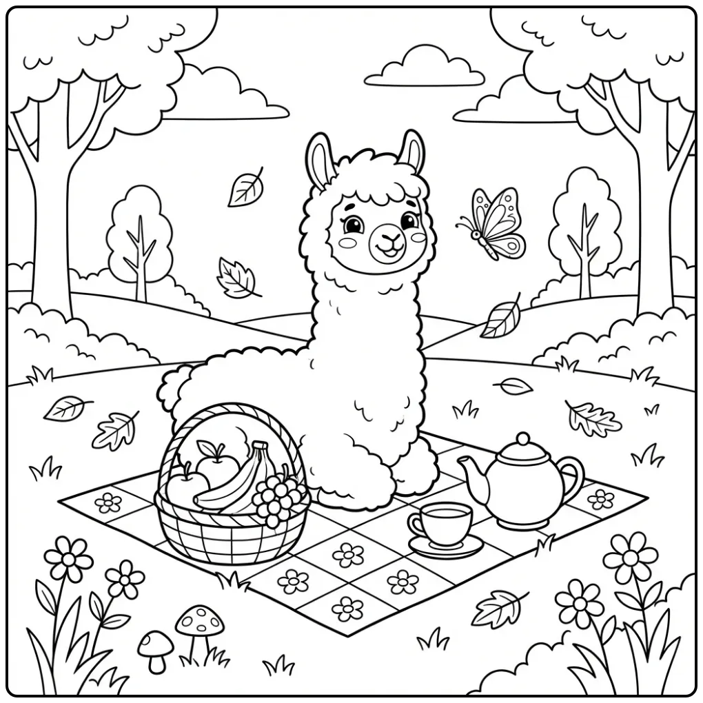 Schattige kleurplaat alpaca aan het picknicken met fruit.