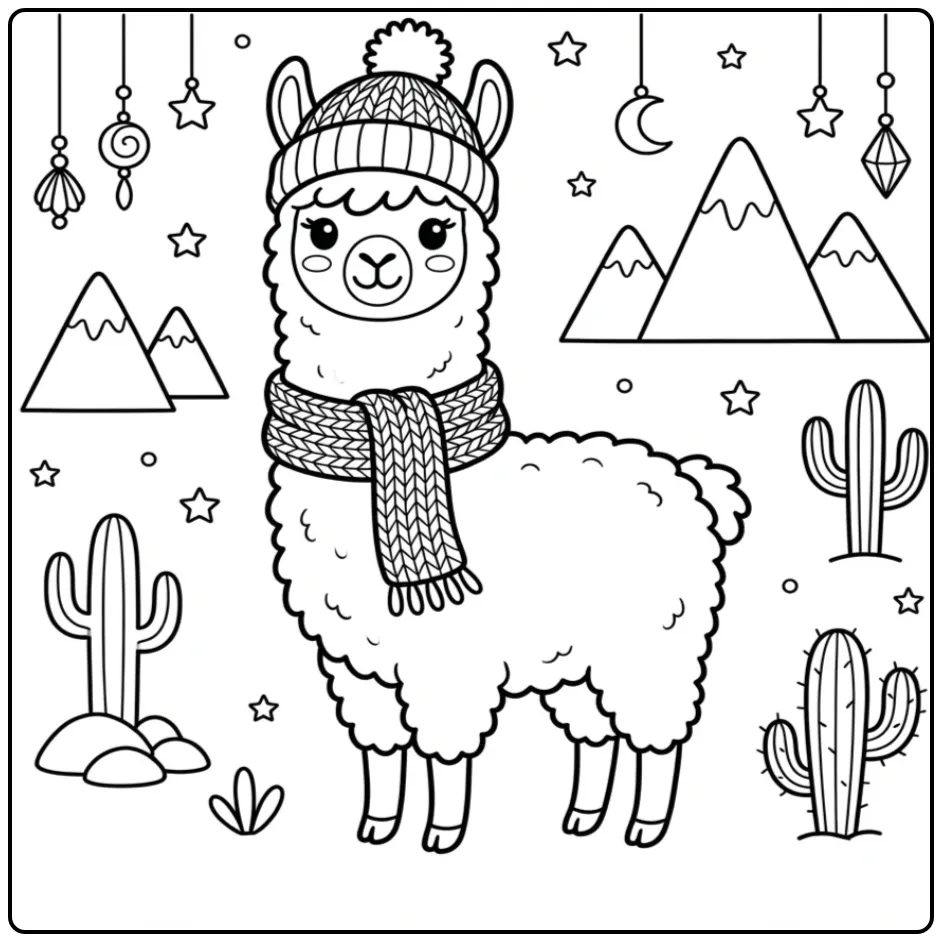 Schattige kleurplaat alpaca met sjaal en wintermuts