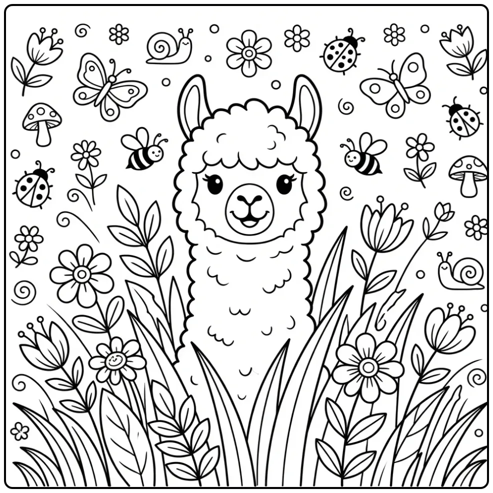 Een schattige kleurplaat alpaca die door het gras gluurt.