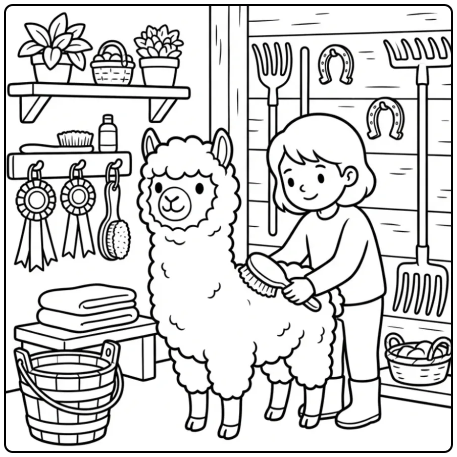 Een schattige kleurplaat alpaca die wordt geborsteld in de stal