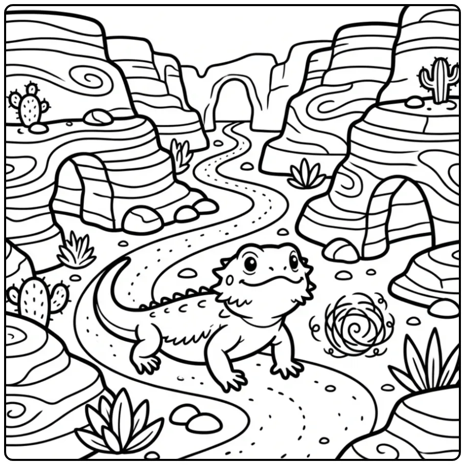 Een schattige kleurplaat baardagaam in een rotsachtig dal.