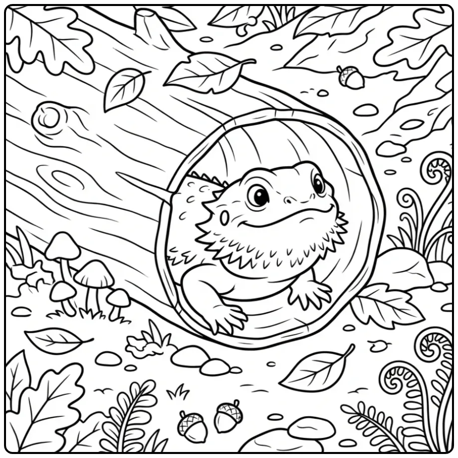 Een schattige kleurplaat baardagaam die uit een boomstam kijkt.