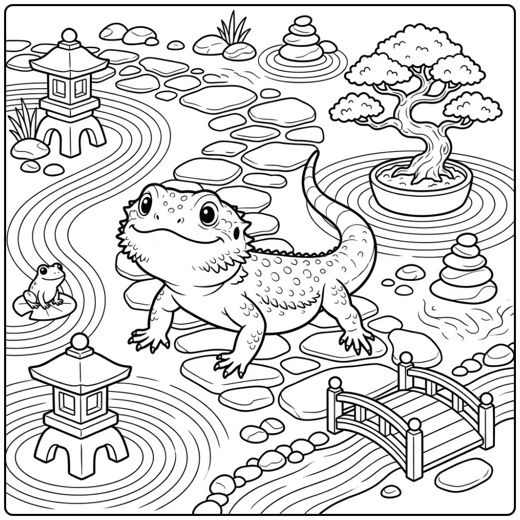 Leuke kleurplaat baardagaam met bonsai en stenen