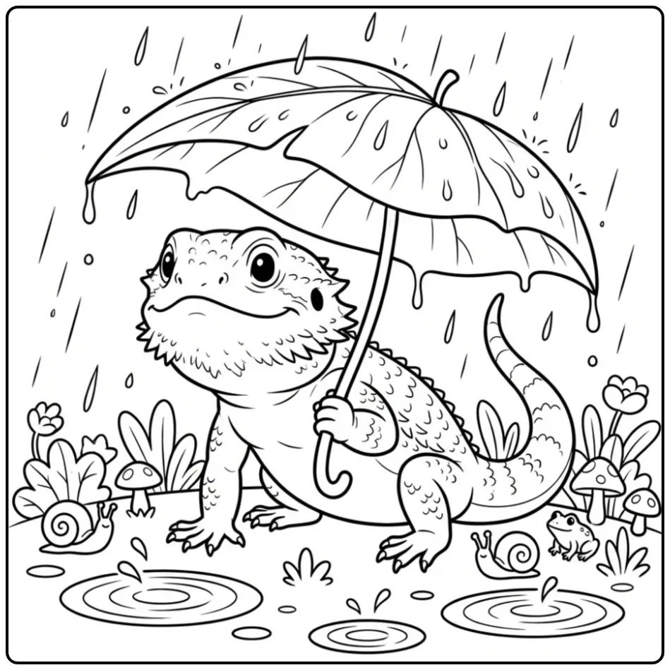 Schattige kleurplaat baardagaam onder een groot blad in de regen