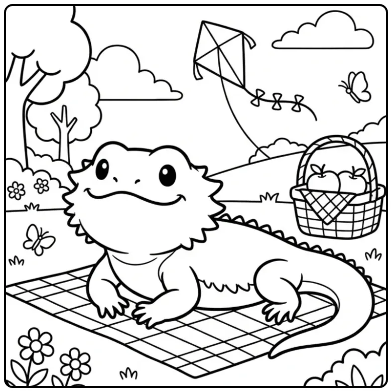 Een vrolijke kleurplaat baardagaam tijdens een picknick.