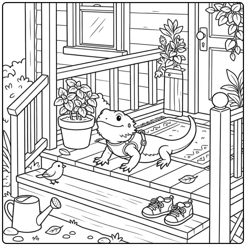 Leuke kleurplaat baardagaam in tuigje op de veranda.