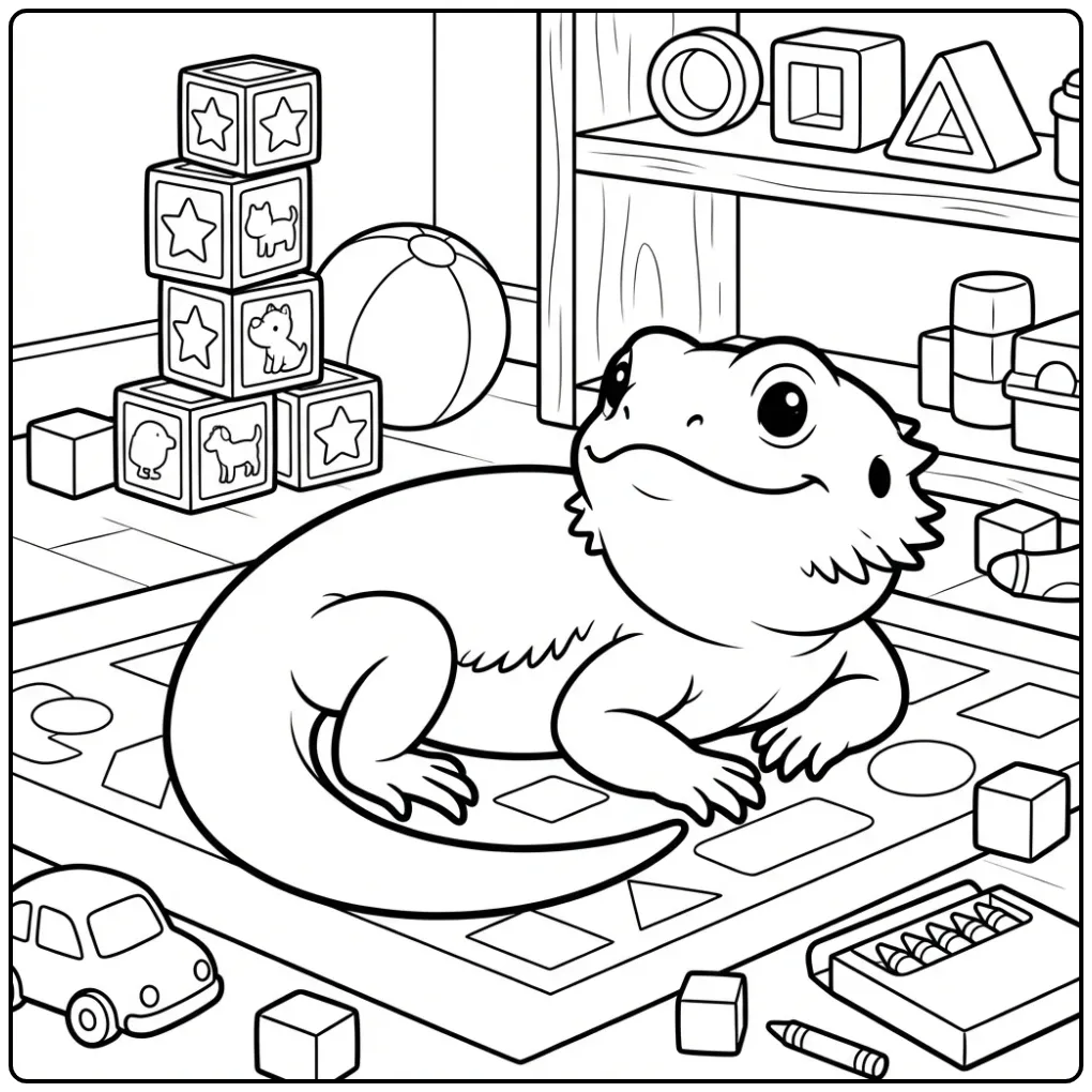 Schattige kleurplaat baardagaam op een zacht speelkleed.