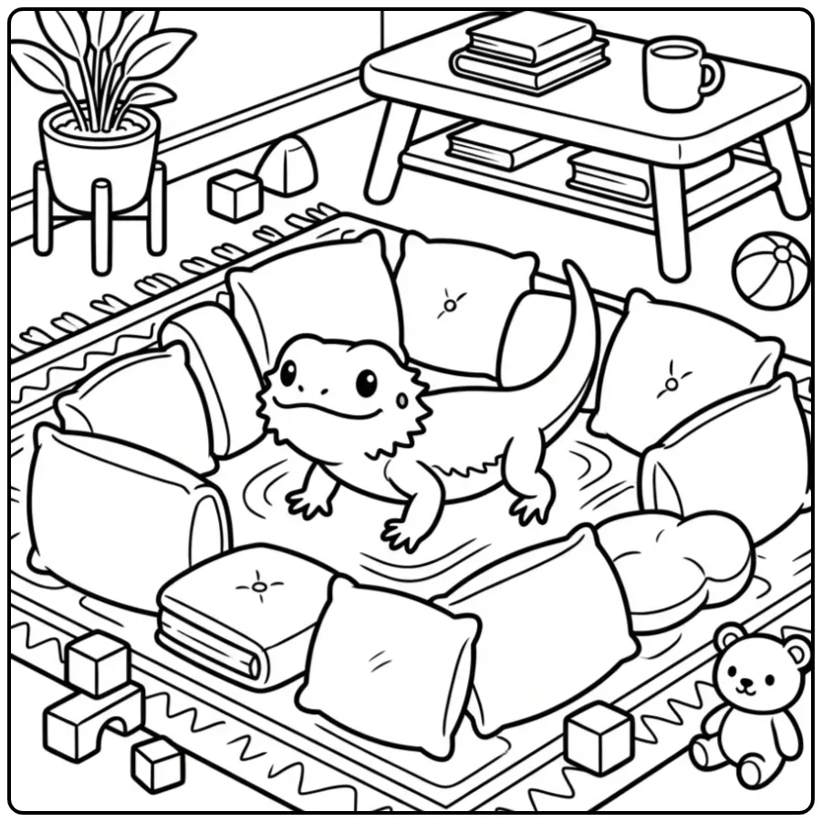 Leuke kleurplaat baardagaam spelend tussen zachte kussens.