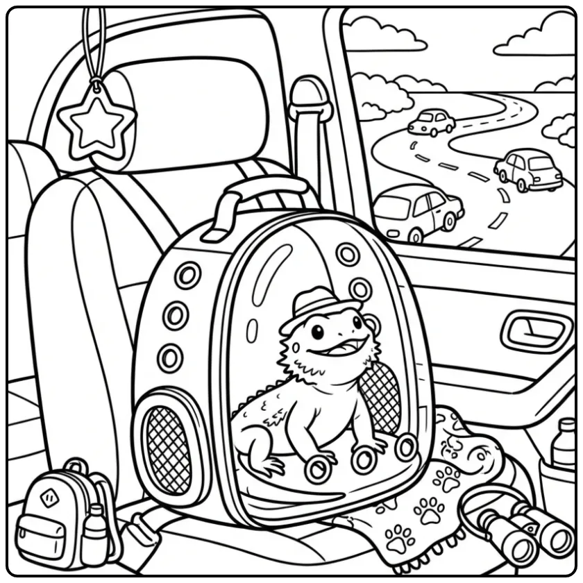 Schattige kleurplaat baardagaam in reismand in de auto