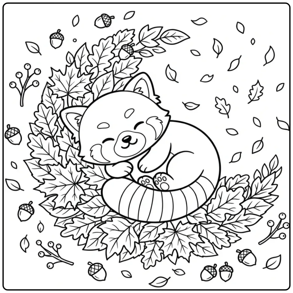 Kleurplaat baby rode panda slapend op herfstbladeren.