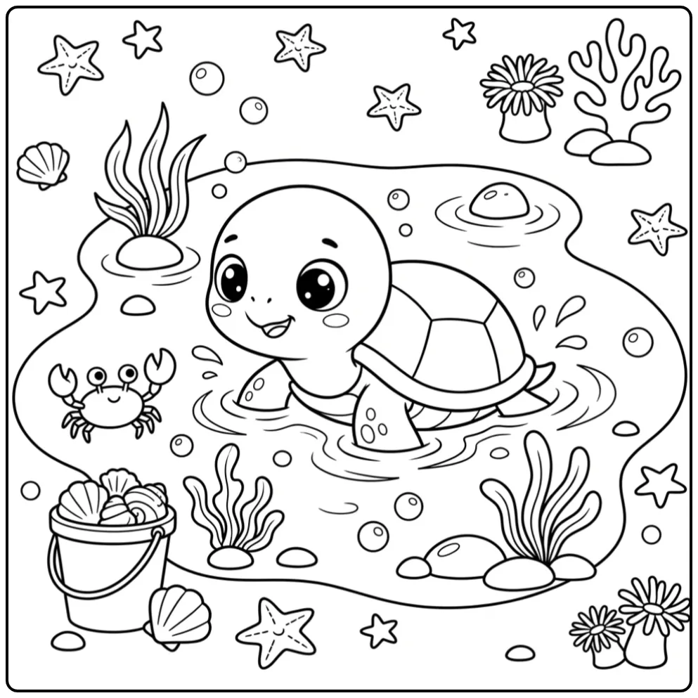 Schattige kleurplaat baby schildpad spetterend in het water.