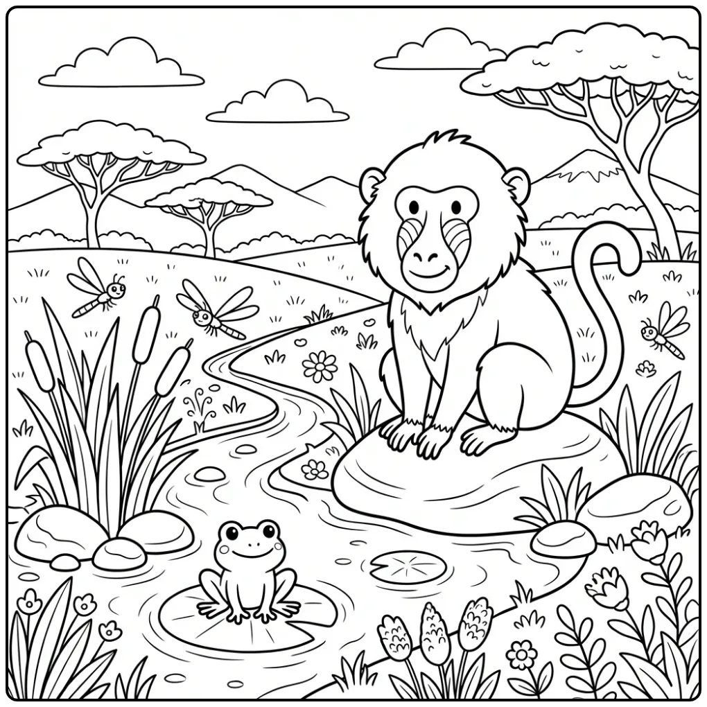 Leuke kleurplaat baviaan zittend aan het water met een kikker.