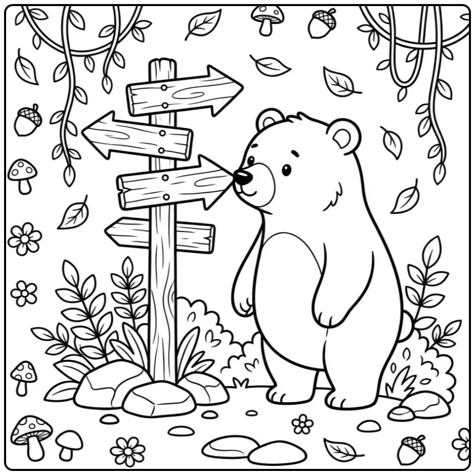 Leuke kleurplaat beer bij een wegwijzer in het bos.