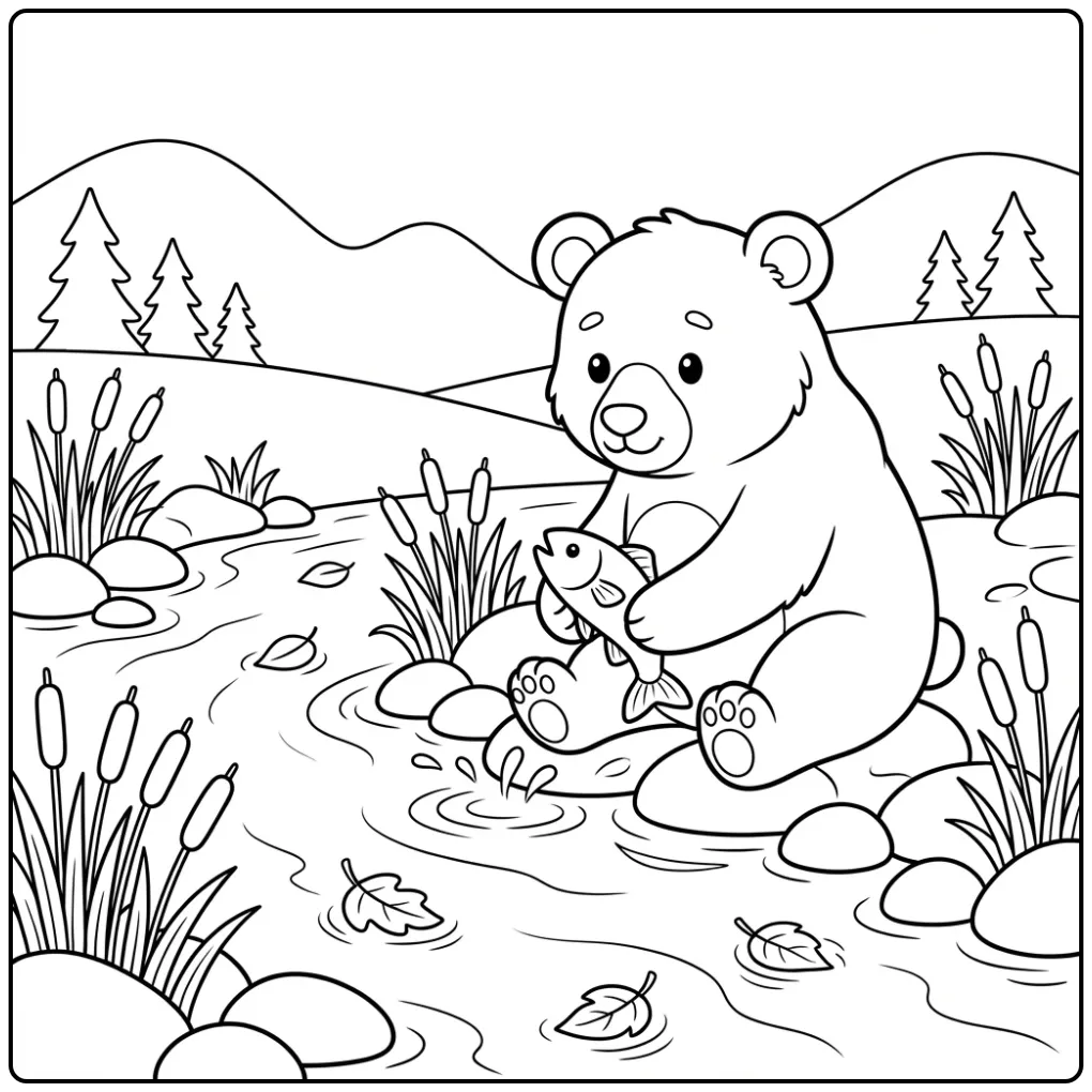 Een leuke kleurplaat beer die een vis vangt aan de oever.