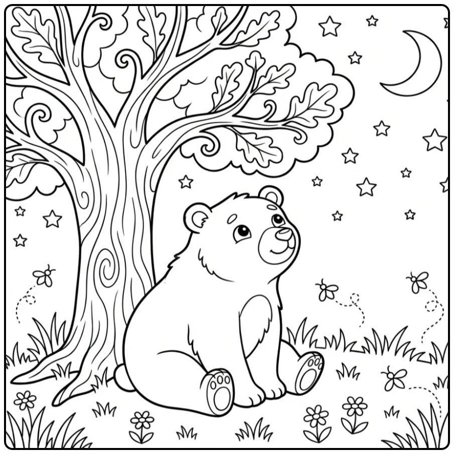 Een schattige kleurplaat beer onder een boom met sterren.