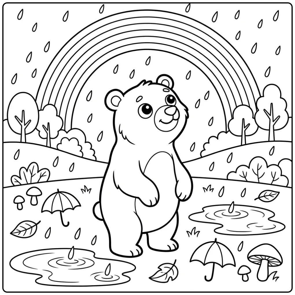 Een schattige kleurplaat beer kijkt naar een mooie regenboog.