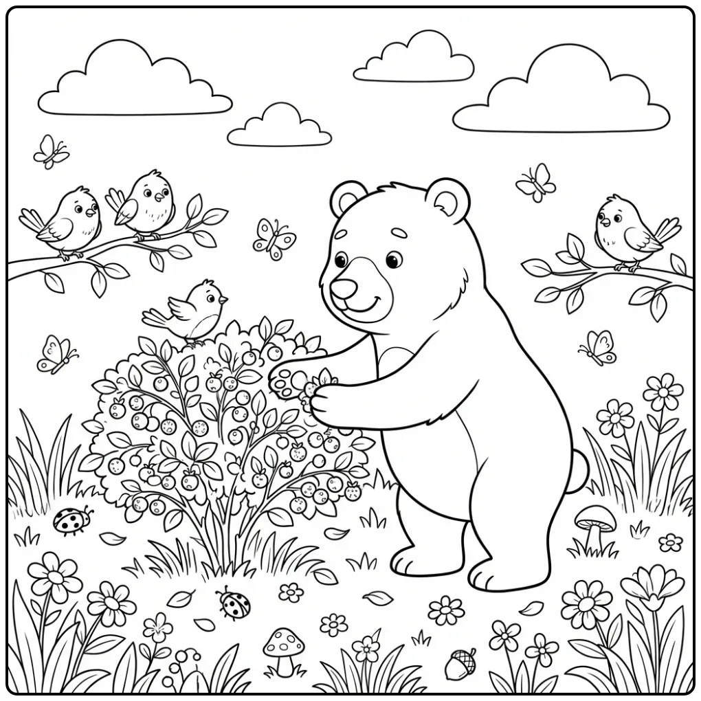 Leuke kleurplaat beer die bessen eet in een weide.