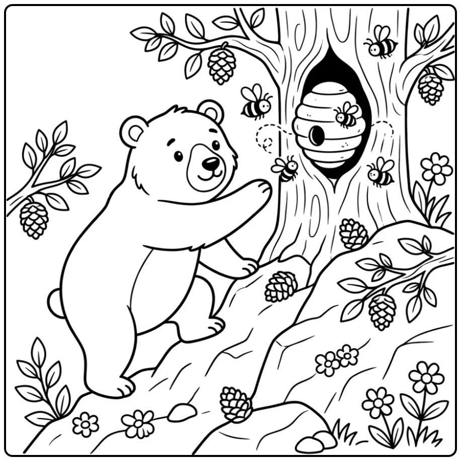Een kleurplaat beer die in een boom klimt voor honing.