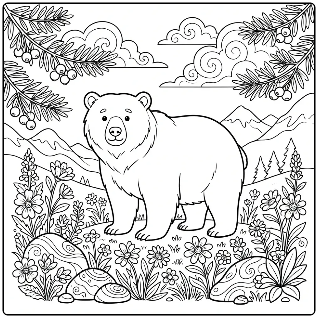 Gedetailleerde kleurplaat beer moeilijk met bergen en bloemen.
