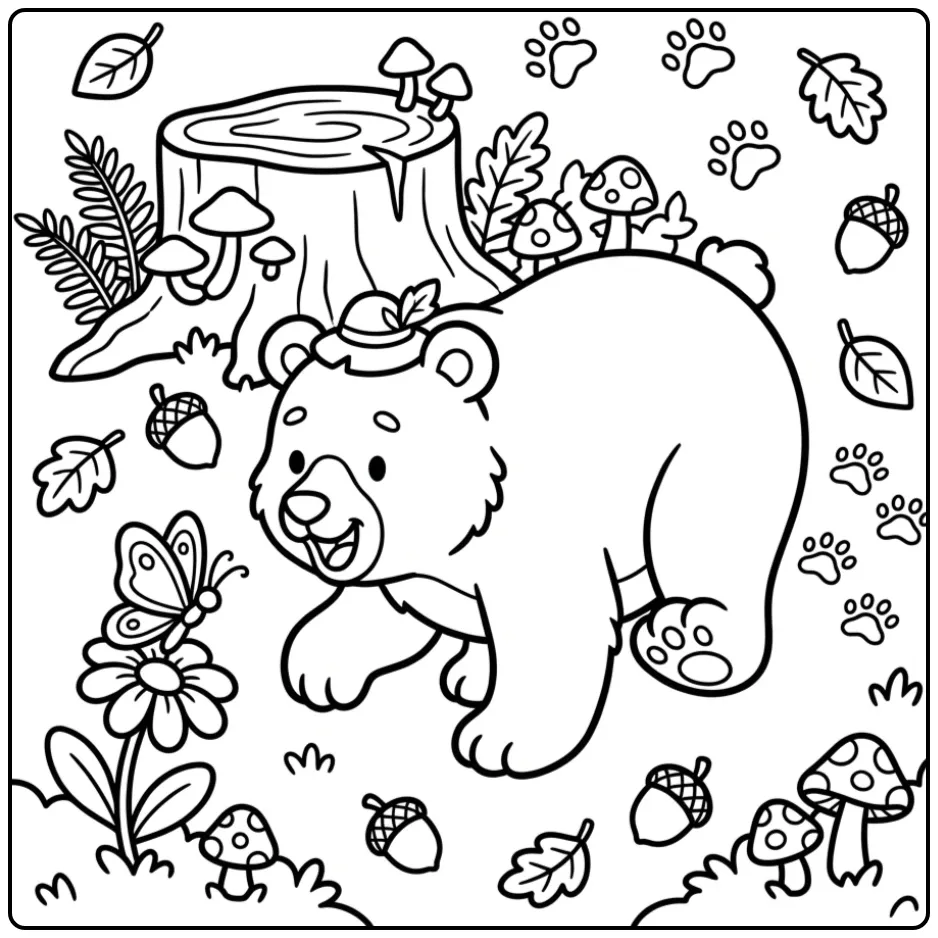 Vrolijke kleurplaat beer schattig die naar een vlinder sluipt