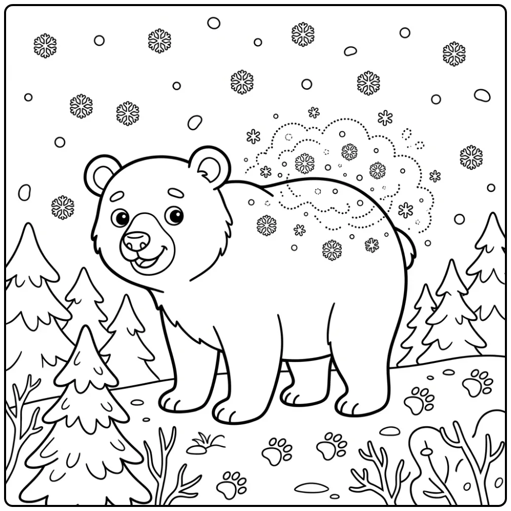 Een kleurplaat beer die sneeuw van zijn rug schudt in het bos.