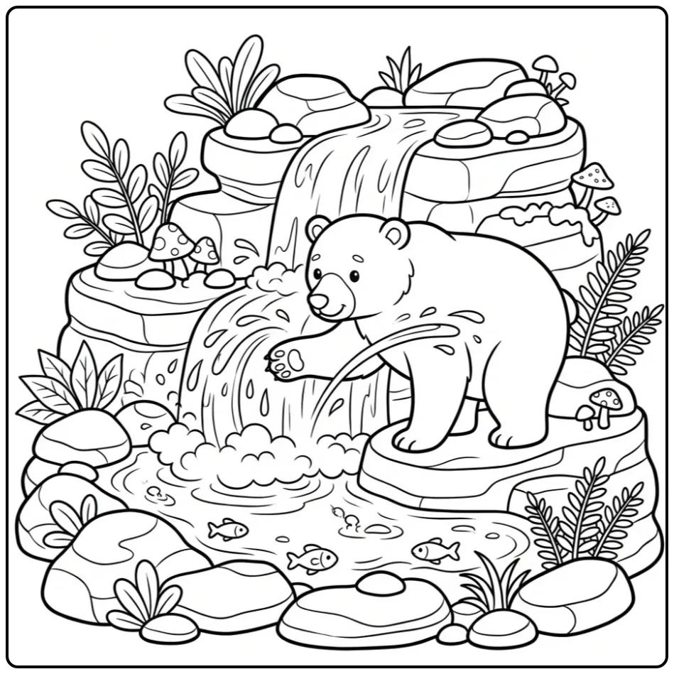 Een schattige kleurplaat beer spelend bij een frisse waterval.