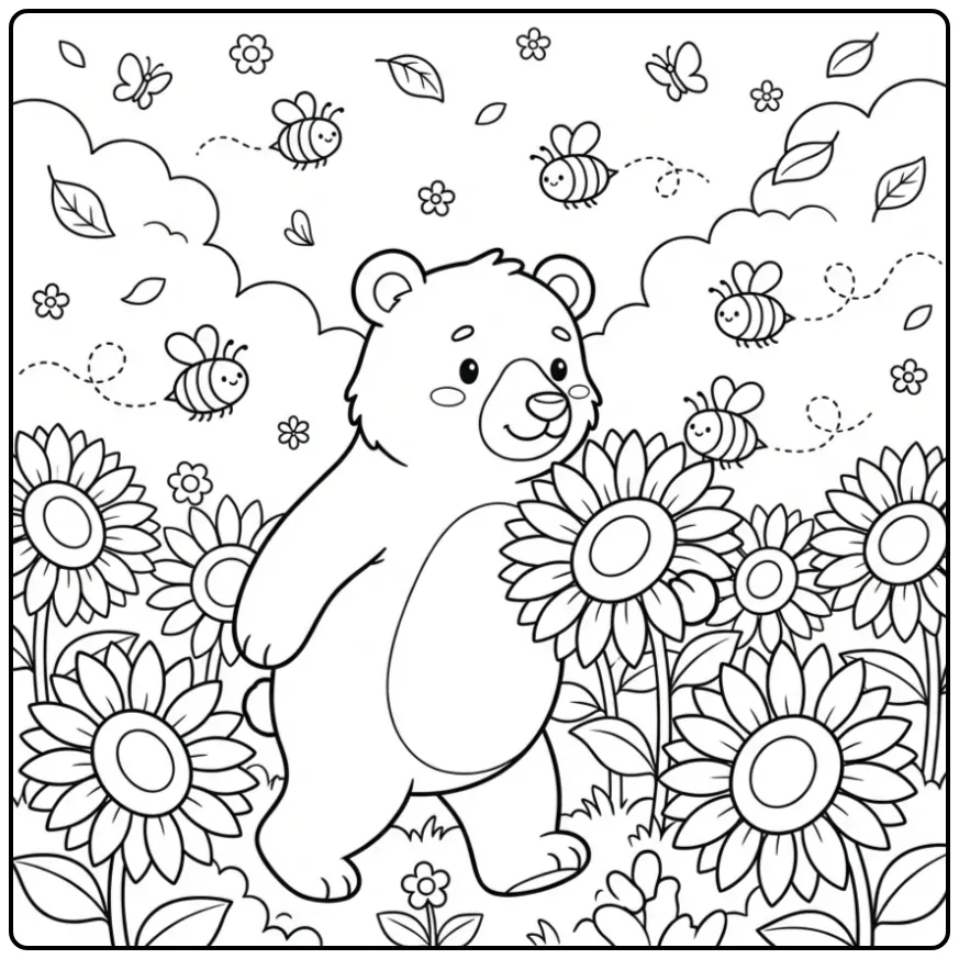 Een kleurplaat beer tussen hoge zonnebloemen en bijtjes.
