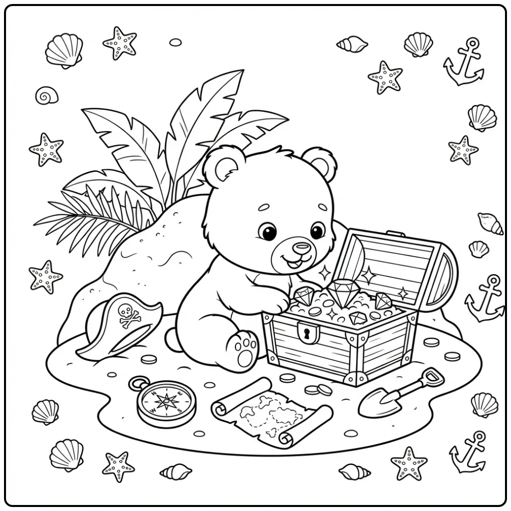 Schattige kleurplaat beertje met een schatkist vol edelstenen