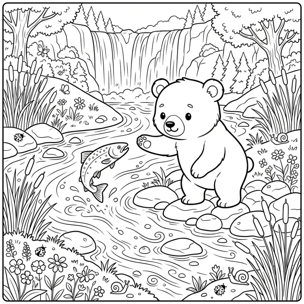 Kleurplaat beertje dat naar een springende zalm grijpt.