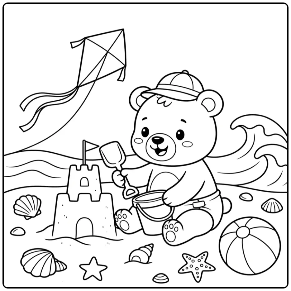 Schattige kleurplaat beertje met schepje en emmertje.