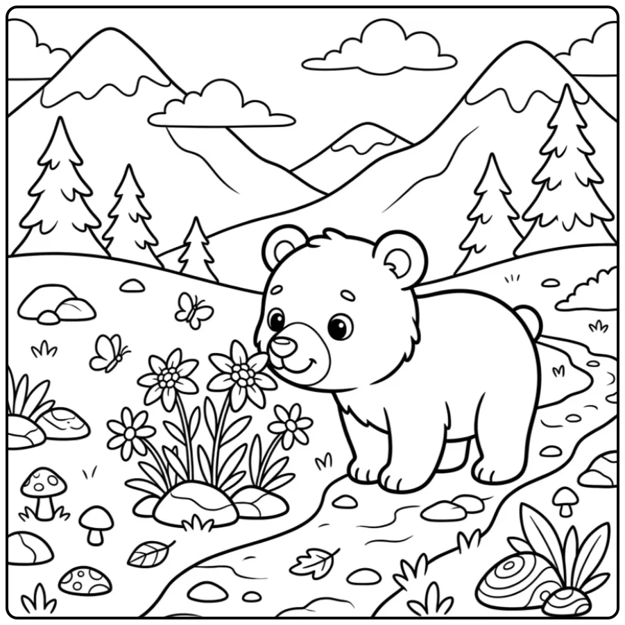 Schattig kleurplaat beertje snuffelt aan bergbloemen.