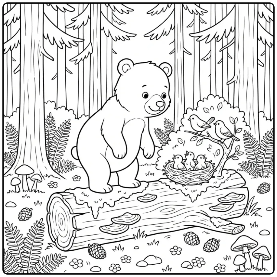 Kleurplaat beertje op boomstam bij vogelnest in bos.