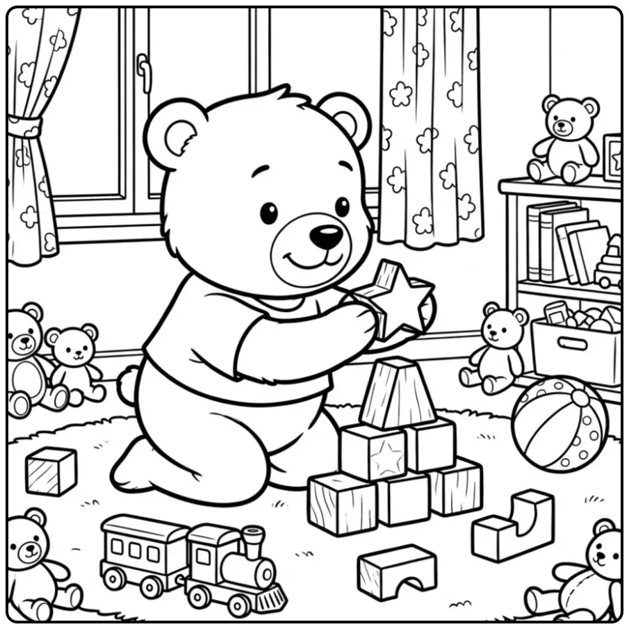Schattige kleurplaat beertje bouwt een toren met blokken.