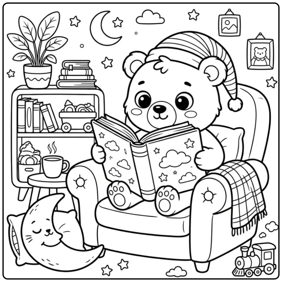 Schattige kleurplaat beertje leest een boek in een stoel.