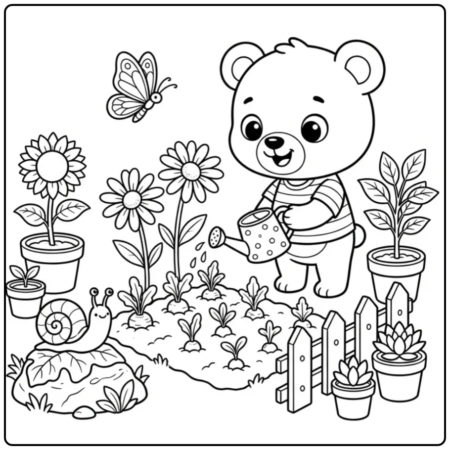 Schattig kleurplaat beertje geeft bloemen water in de tuin.