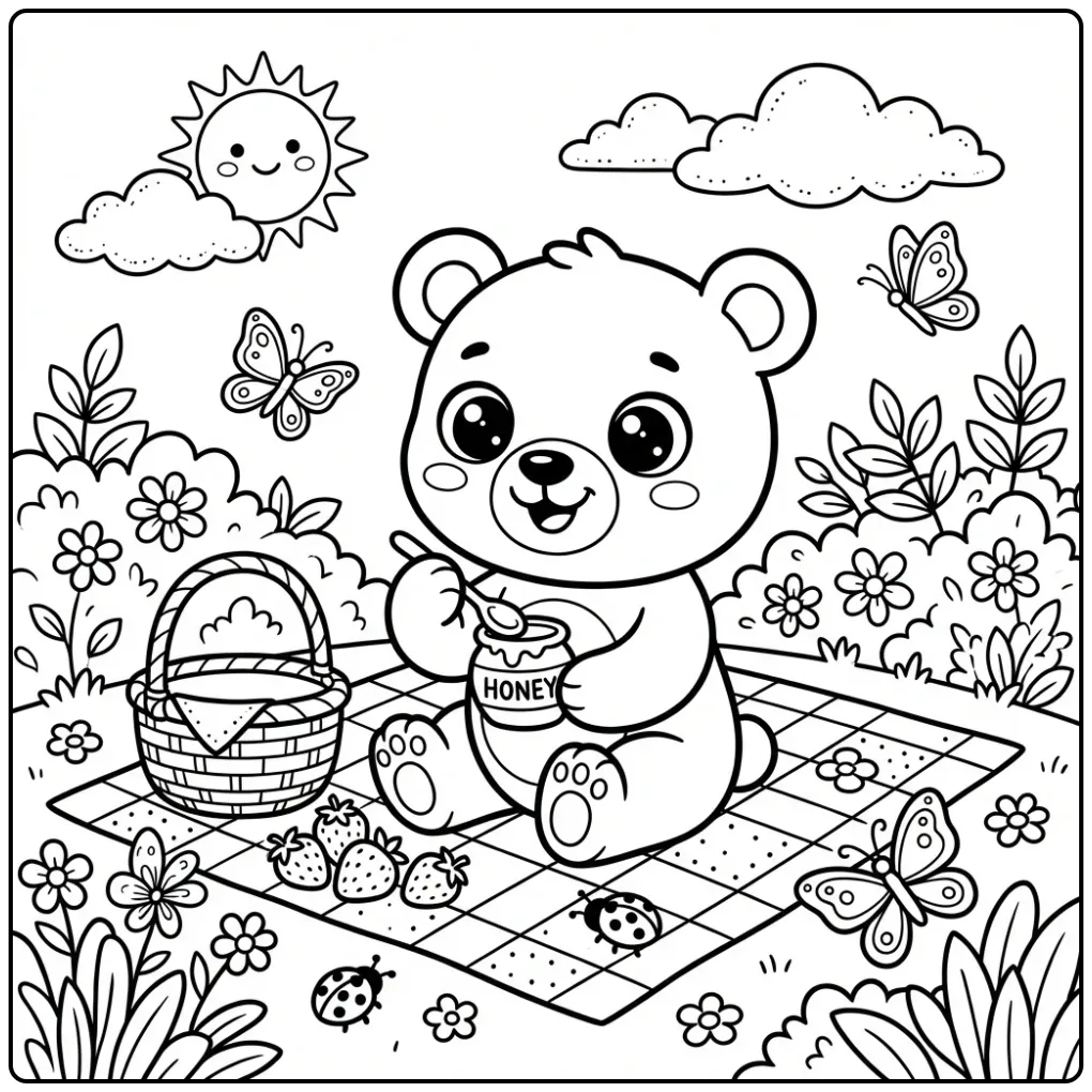 Schattige kleurplaat beertje met honingpot tijdens picknick.