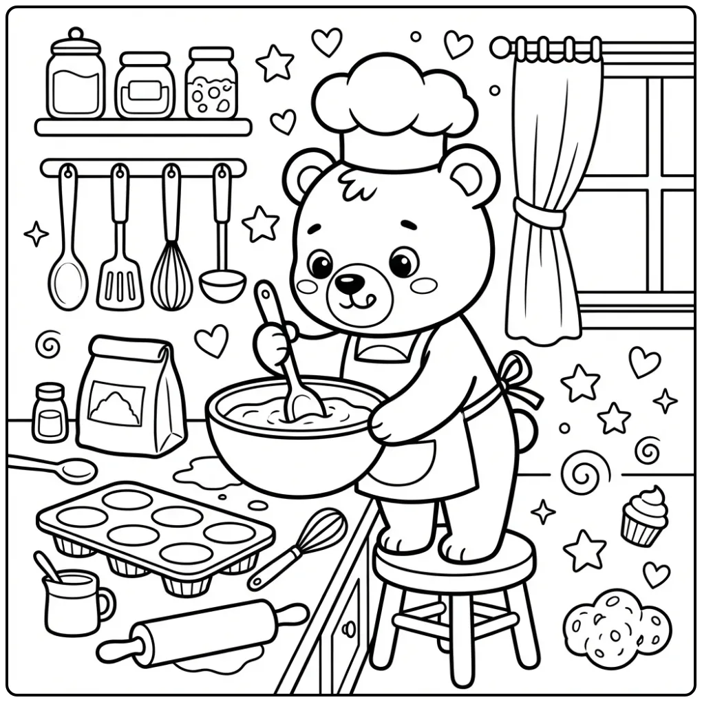 Schattig kleurplaat beertje als chef aan het bakken.