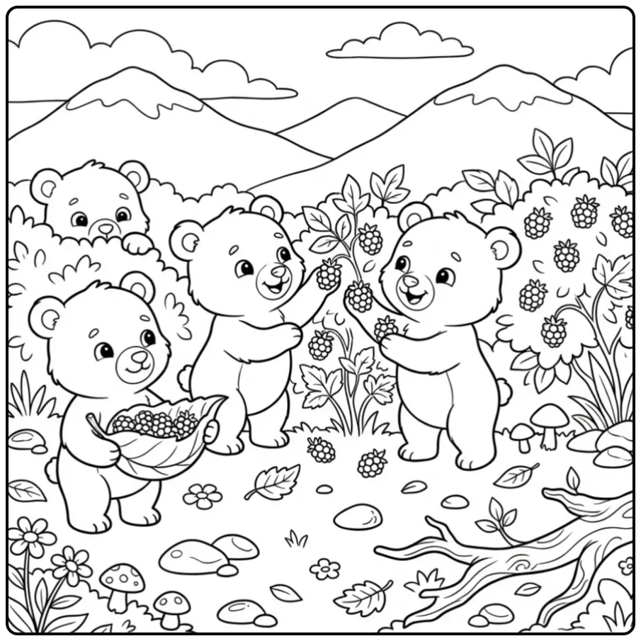 Vrolijke kleurplaat beertjes plukken wilde bessen.