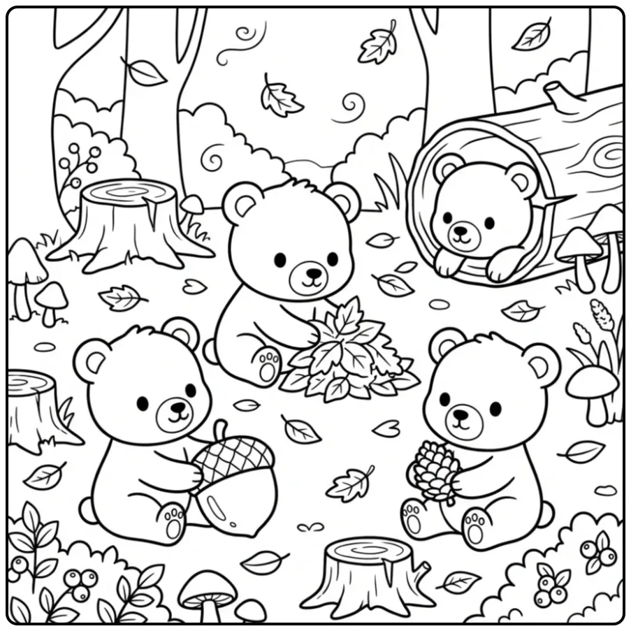 Schattige kleurplaat beertjes spelen in het herfstbos.