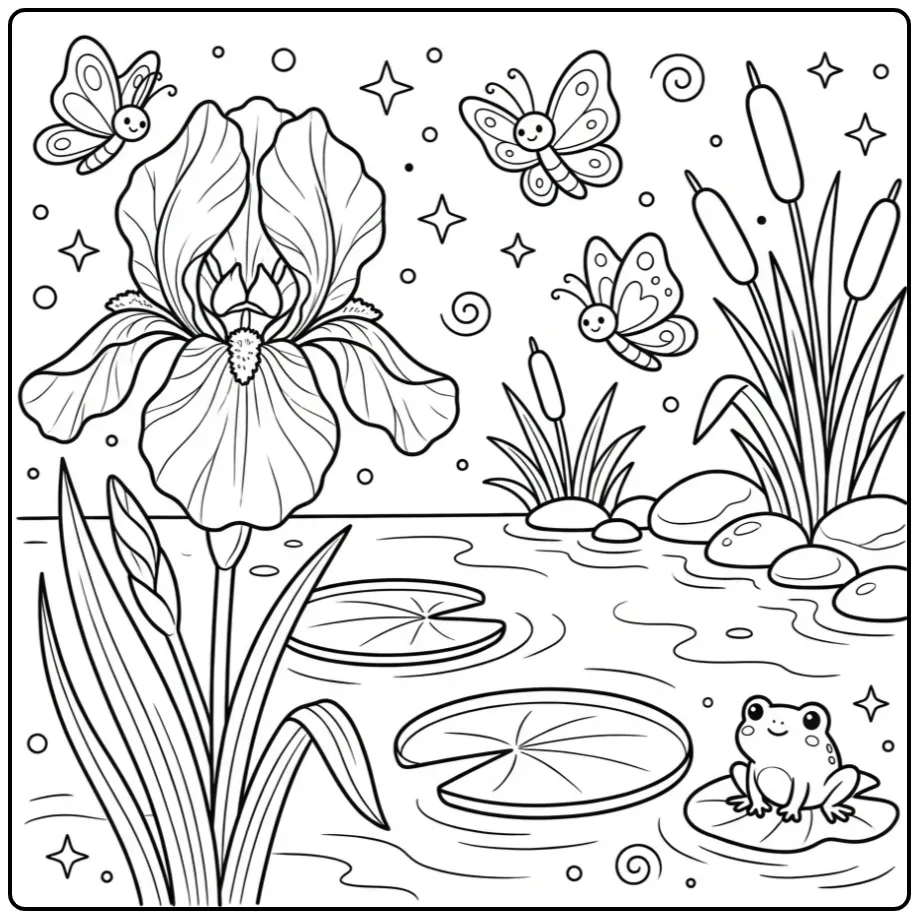 Schattige kleurplaat bloemen en vlinders met kikker