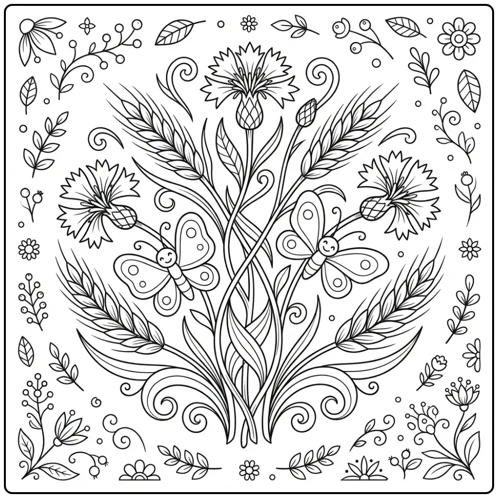 Botanische kleurplaat bloemen en vlinders moeilijk ontwerp