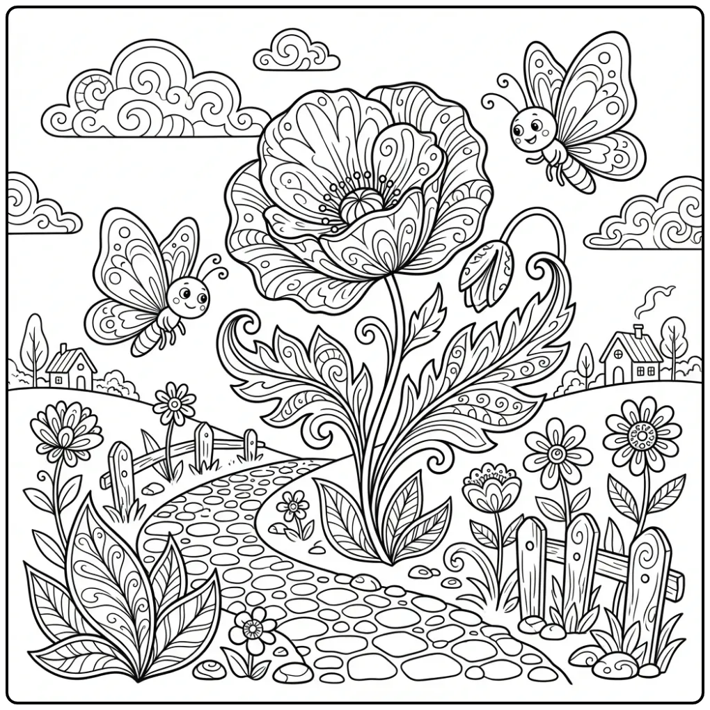 Detailrijke kleurplaat bloemen en vlinders volwassenen.