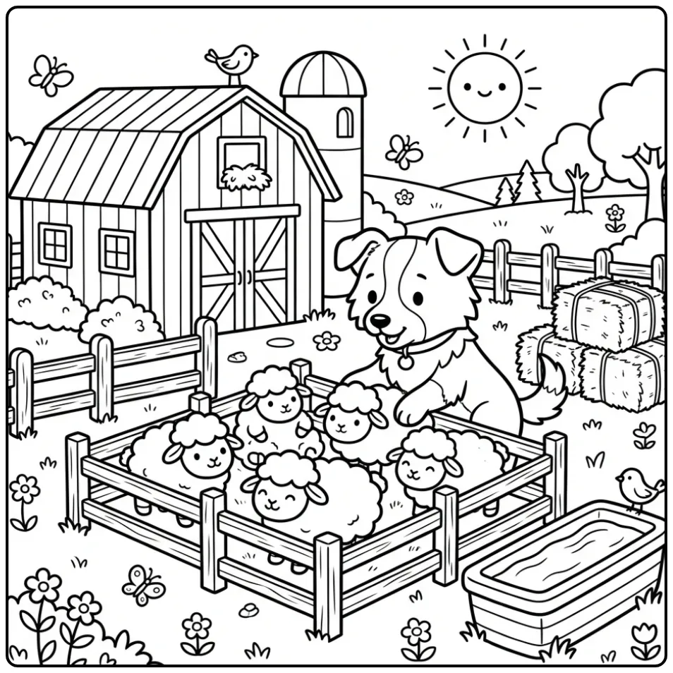 Schattige kleurplaat border collie puppy op de boerderij.