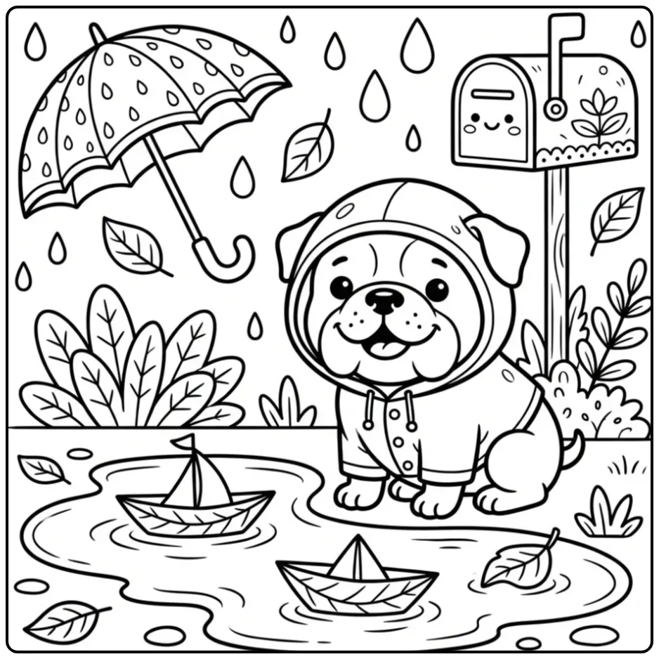 Schattige kleurplaat bulldog in regenjas bij een plas.