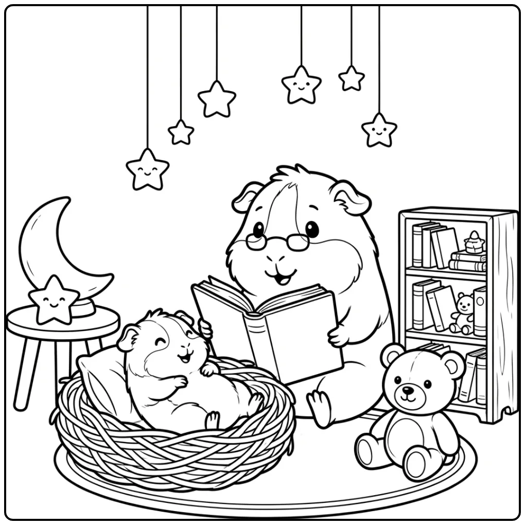 Schattige kleurplaat cavia leest verhaaltje voor in bed.