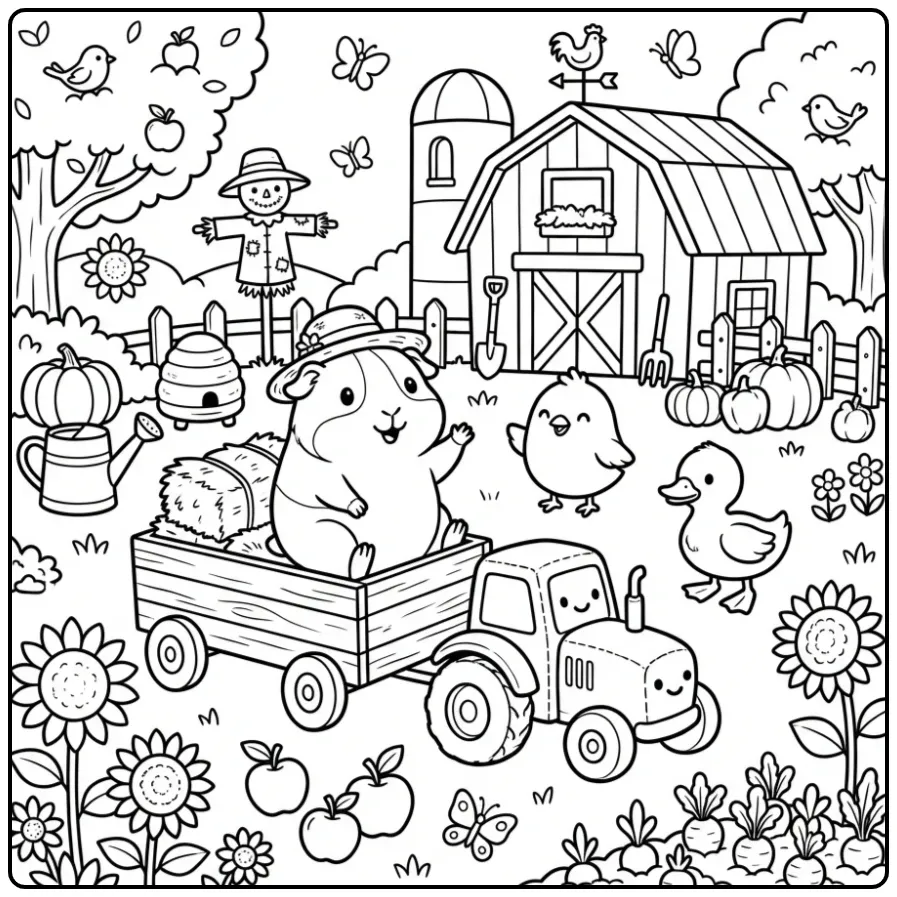 Een schattige kleurplaat cavia in een wagen op de boerderij.