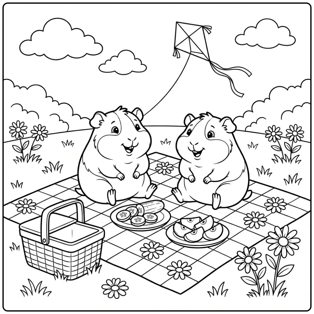 Schattige kleurplaat cavia tijdens een zomerse picknick.