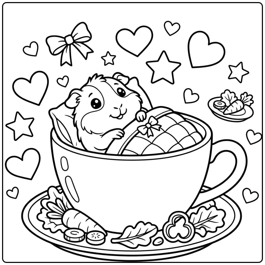 Kleurplaat cavia schattig in een theekop met deken en hartjes.