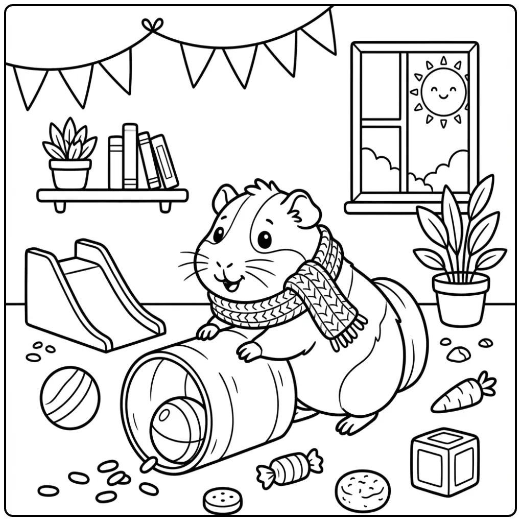 Kleurplaat cavia schattig met sjaal en bal in een tunnel.