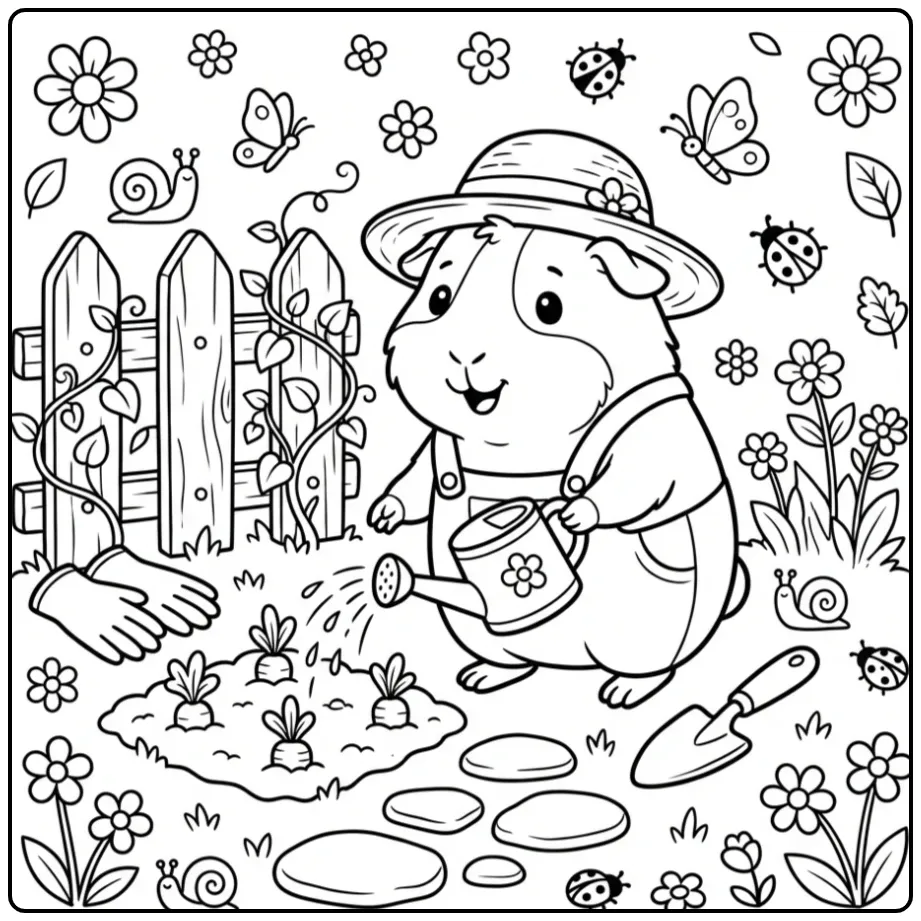 Een schattige kleurplaat cavia die de worteltjes water geeft.